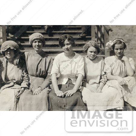 #42339 Stock Photo of a Group Of Five Young Mill Worker Girls Taking A Break In 1913 by JVPD
