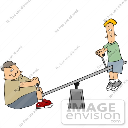 #42388 Clip Art Graphic of Two Boys, Skinny And Chubby, Playing On A Teeter Totter by DJArt