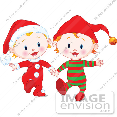 #48503 Clip Art Illustration Of Two Xmas Babies In Santa And Elf Suits, 