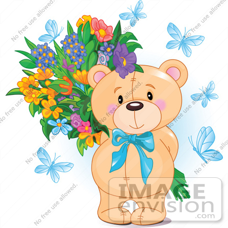 #56191 Royalty-Free (RF) Clip Art Of A Teddy Bear With Blue Butterflies And A Flower Bouquet by pushkin
