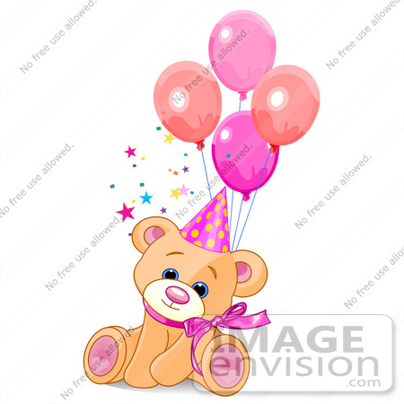 #56210 Clip Art Of A Cute Feale Birthday Bear Wearing A Party Hat And Sitting With Balloons by pushkin