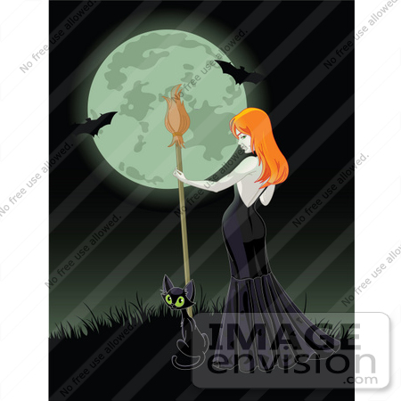 #56375 Royalty-Free (RF) Clip Art Illustration Of A Sexy Halloween Witch And Black Cat On A Grassy Hill Against A Full Moon With Bats by pushkin