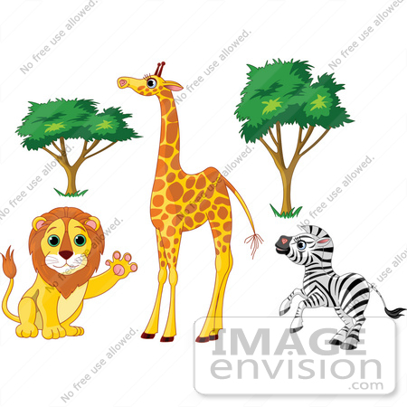 #56377 Royalty-Free (RF) Clip Art Illustration Of A Digital Collage Of African Trees And Animals; Friendly Lion, Tall Giraffe And Rearing Zebra by pushkin