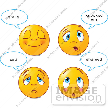#56528 Royalty-Free (RF) Clip Art Illustration Of A Digital Collage Of Four Happy And Sad Emoticon Faces With Statements by pushkin