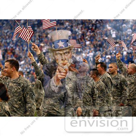 #7354 Stock Image: Uncle Sam Merged With Soldiers Waving American Flags by JVPD