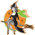 #29441 Royalty-free Cartoon Clip Art of a Cute Black Haired Witch In A Pointy Hat, Long Black Dress And Fishnet Stockings, Sitting Cross Legged On A Broomstick While Flying Through The Night Sky by Andy Nortnik