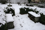 Free Picture of Two Benches and a Birdbath Covered in Snow