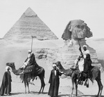 Free Picture of Camels in Front of the Great Sphinx and Second Pyramid