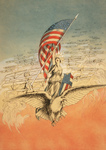 Free Picture of Columbia on an Eagle, Holding Flag, Followed by Airplanes