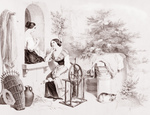 Free Picture of Women Stitching and Using a Spinning Wheel