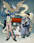 Picture of Uncle Sam and a Chinese Man With a Firecracker, Dragon and Eagle