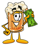 Clip art Graphic of a Frothy Mug of Beer or Soda Cartoon Character Holding a Dollar Bill