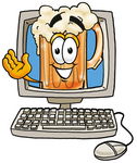 Clip art Graphic of a Frothy Mug of Beer or Soda Cartoon Character Waving From Inside a Computer Screen