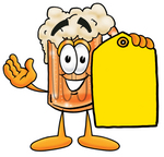 Clip art Graphic of a Frothy Mug of Beer or Soda Cartoon Character Holding a Yellow Sales Price Tag