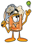 Clip art Graphic of a Frothy Mug of Beer or Soda Cartoon Character Preparing to Hit a Tennis Ball
