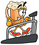 Clip art Graphic of a Frothy Mug of Beer or Soda Cartoon Character Walking on a Treadmill in a Fitness Gym