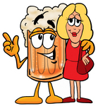 Clip art Graphic of a Frothy Mug of Beer or Soda Cartoon Character Talking to a Pretty Blond Woman
