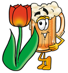 Clip art Graphic of a Frothy Mug of Beer or Soda Cartoon Character With a Red Tulip Flower in the Spring