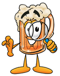 Clip art Graphic of a Frothy Mug of Beer or Soda Cartoon Character Looking Through a Magnifying Glass