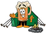 Clip art Graphic of a Frothy Mug of Beer or Soda Cartoon Character Camping With a Tent and Fire