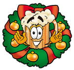 Clip art Graphic of a Frothy Mug of Beer or Soda Cartoon Character in the Center of a Christmas Wreath