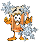 Clip art Graphic of a Frothy Mug of Beer or Soda Cartoon Character With Three Snowflakes in Winter