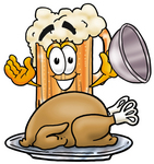Clip art Graphic of a Frothy Mug of Beer or Soda Cartoon Character Serving a Thanksgiving Turkey on a Platter