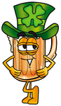 Clip art Graphic of a Frothy Mug of Beer or Soda Cartoon Character Wearing a Saint Patricks Day Hat With a Clover on it