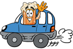 Clip art Graphic of a Frothy Mug of Beer or Soda Cartoon Character Driving a Blue Car and Waving