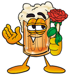 Clip art Graphic of a Frothy Mug of Beer or Soda Cartoon Character Holding a Red Rose on Valentines Day