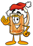 Clip art Graphic of a Frothy Mug of Beer or Soda Cartoon Character Wearing a Santa Hat and Waving