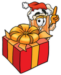 Clip art Graphic of a Frothy Mug of Beer or Soda Cartoon Character Standing by a Christmas Present
