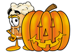 Clip art Graphic of a Frothy Mug of Beer or Soda Cartoon Character With a Carved Halloween Pumpkin