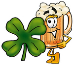 Clip art Graphic of a Frothy Mug of Beer or Soda Cartoon Character With a Green Four Leaf Clover on St Paddy’s or St Patricks Day