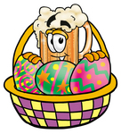 Clip art Graphic of a Frothy Mug of Beer or Soda Cartoon Character in an Easter Basket Full of Decorated Easter Eggs