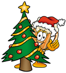 Clip art Graphic of a Frothy Mug of Beer or Soda Cartoon Character Waving and Standing by a Decorated Christmas Tree
