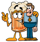 Clip art Graphic of a Frothy Mug of Beer or Soda Cartoon Character Talking to a Business Man