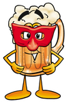 Clip art Graphic of a Frothy Mug of Beer or Soda Cartoon Character Wearing a Red Mask Over His Face