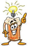 Clip art Graphic of a Frothy Mug of Beer or Soda Cartoon Character With a Bright Idea