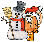 Clip art Graphic of a Frothy Mug of Beer or Soda Cartoon Character With a Snowman on Christmas
