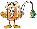 Clip art Graphic of a Frothy Mug of Beer or Soda Cartoon Character Holding a Fish on a Fishing Pole