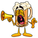 Clip art Graphic of a Frothy Mug of Beer or Soda Cartoon Character Screaming Into a Megaphone