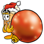 Clip art Graphic of a Frothy Mug of Beer or Soda Cartoon Character Wearing a Santa Hat, Standing With a Christmas Bauble