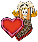 Clip art Graphic of a Frothy Mug of Beer or Soda Cartoon Character With an Open Box of Valentines Day Chocolate Candies