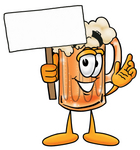 Clip art Graphic of a Frothy Mug of Beer or Soda Cartoon Character Holding a Blank Sign