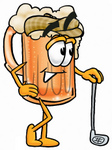Clip art Graphic of a Frothy Mug of Beer or Soda Cartoon Character Leaning on a Golf Club While Golfing