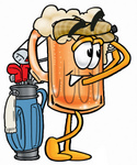 Clip art Graphic of a Frothy Mug of Beer or Soda Cartoon Character Swinging His Golf Club While Golfing