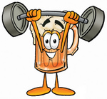Clip art Graphic of a Frothy Mug of Beer or Soda Cartoon Character Holding a Heavy Barbell Above His Head