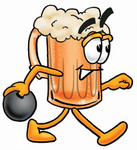 Clip art Graphic of a Frothy Mug of Beer or Soda Cartoon Character Holding a Bowling Ball