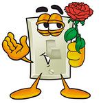 Clip Art Graphic of a White Electrical Light Switch Cartoon Character Holding a Red Rose on Valentines Day